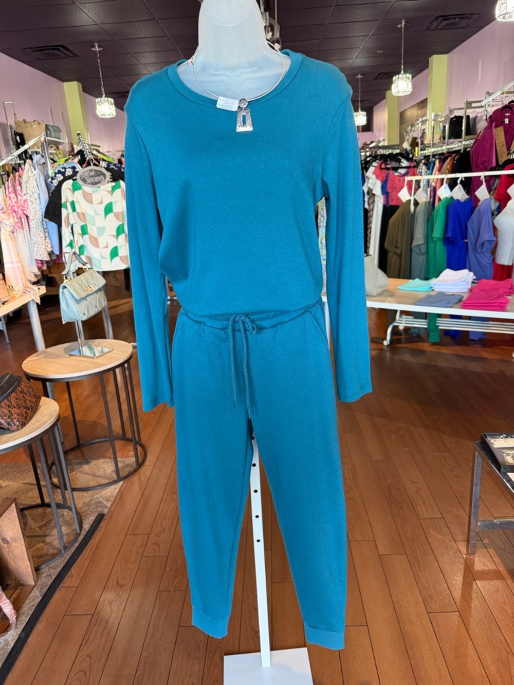 Zenana Outfitters Teal Long-Sleeve Knit Jumpsuit